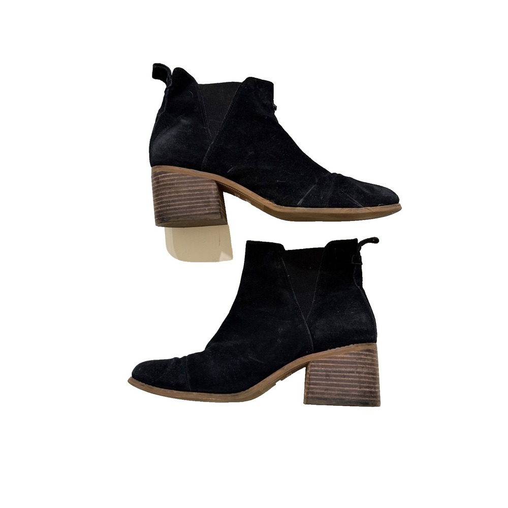 TOMS Suede Boots Womens Size 9.5 Black Chelsea Ankle Booties Block Heel Pull On‎